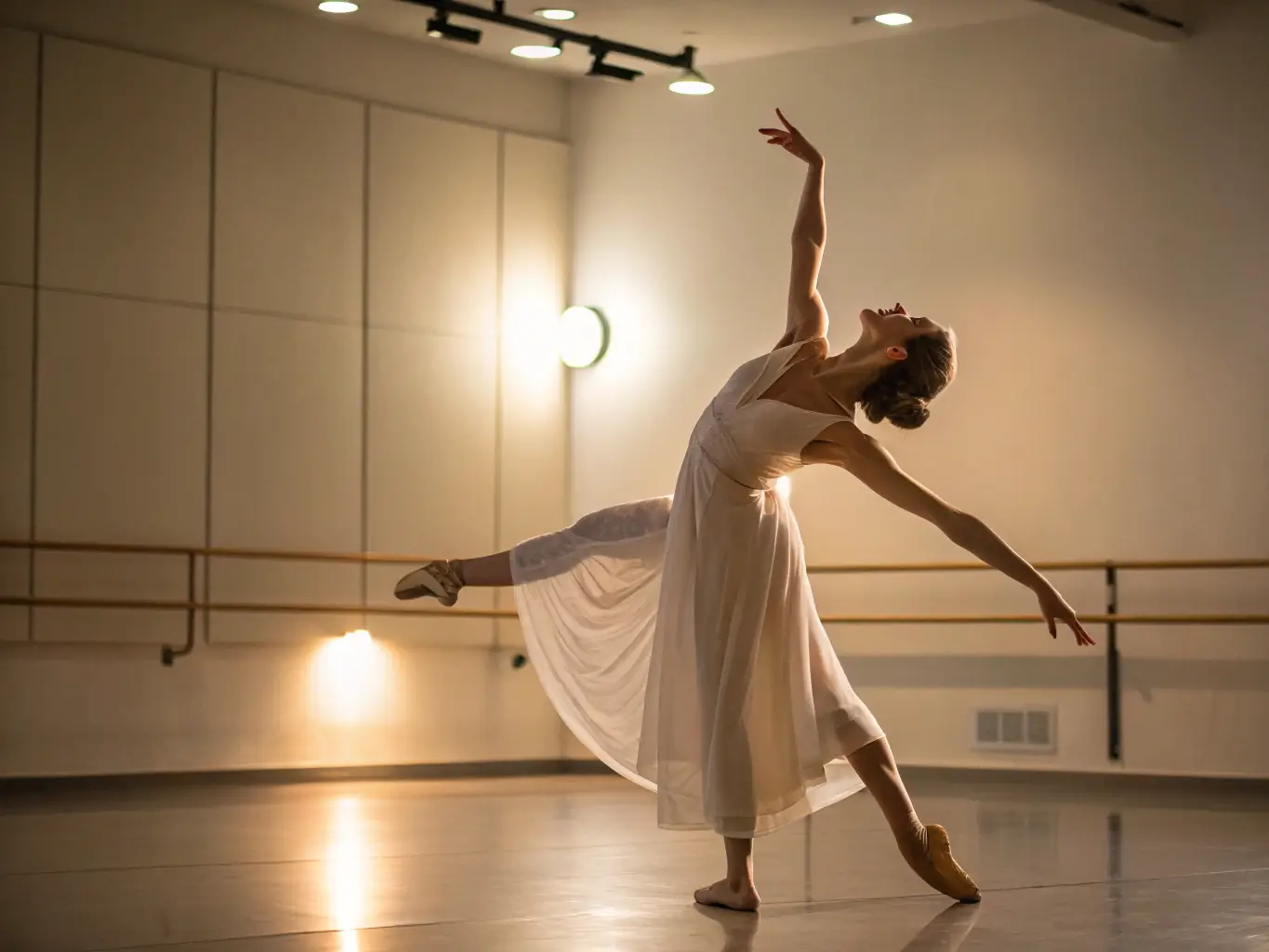 A graceful image of dancers in a contemporary dance class, expressing emotion and fluidity through movement, in a dance studio at ACS.
