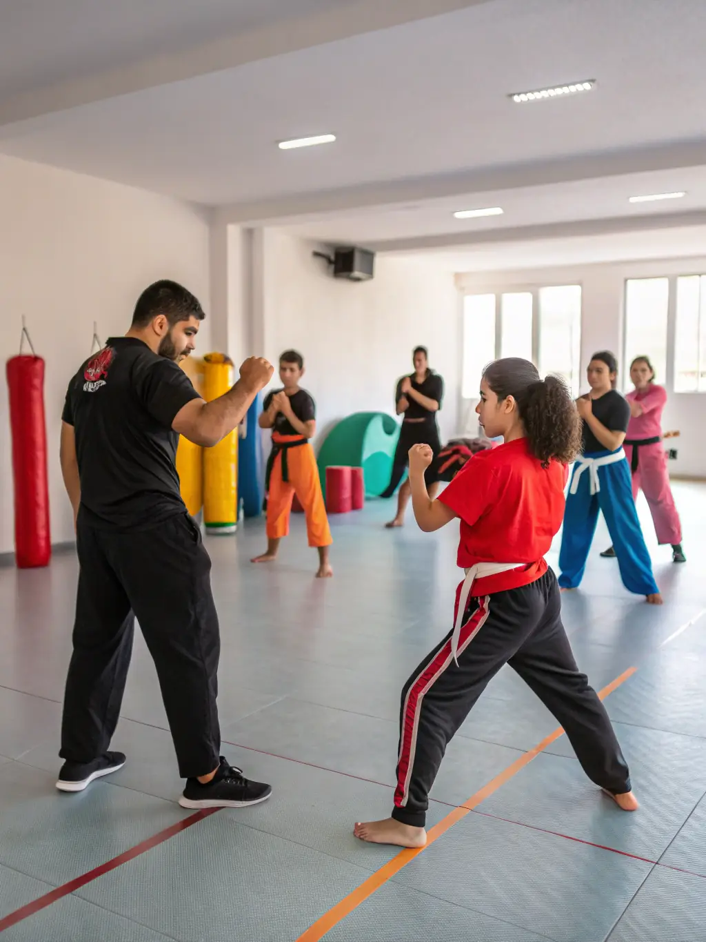 A focused martial arts session with students practicing techniques under the supervision of an experienced martial arts instructor at Art Club Sport.