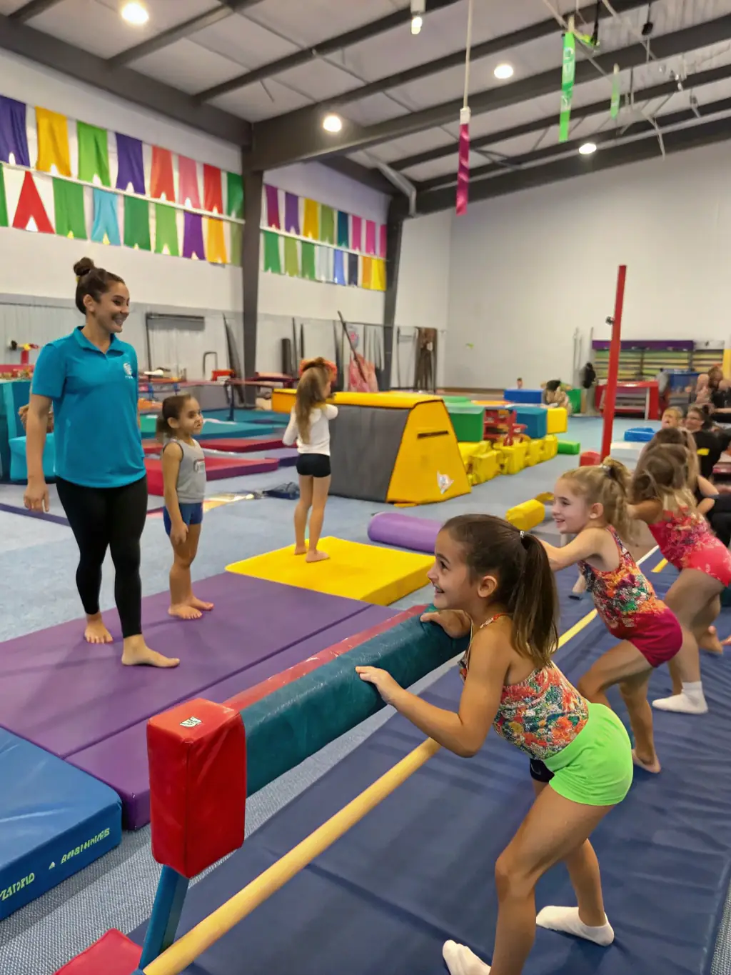 A dynamic gymnastics class in progress, with children learning acrobatic skills under the guidance of a certified instructor at Art Club Sport.