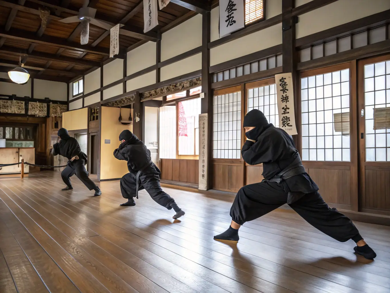An action-packed image of martial arts students practicing self-defense techniques, demonstrating focus and discipline, in a dojo at ACS.